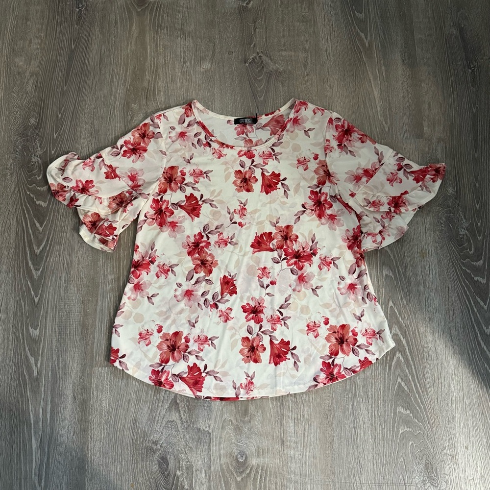 Cure Womens Floral Blouse Bell Sleeve Size Medium